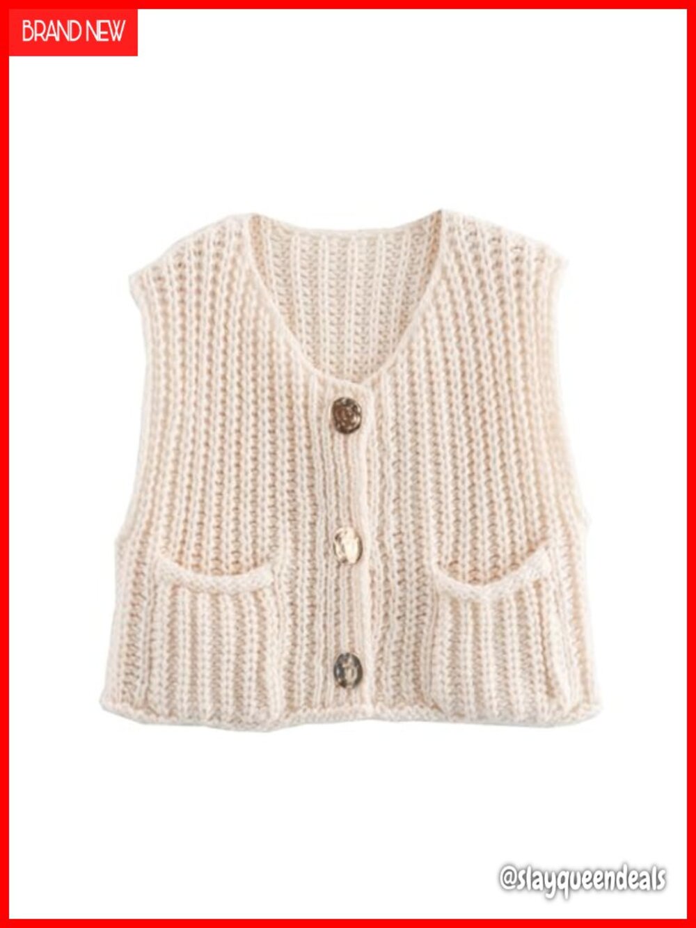 Cropped Sweater Vest Button Down Sleeveless Knit Cardigan with Pockets